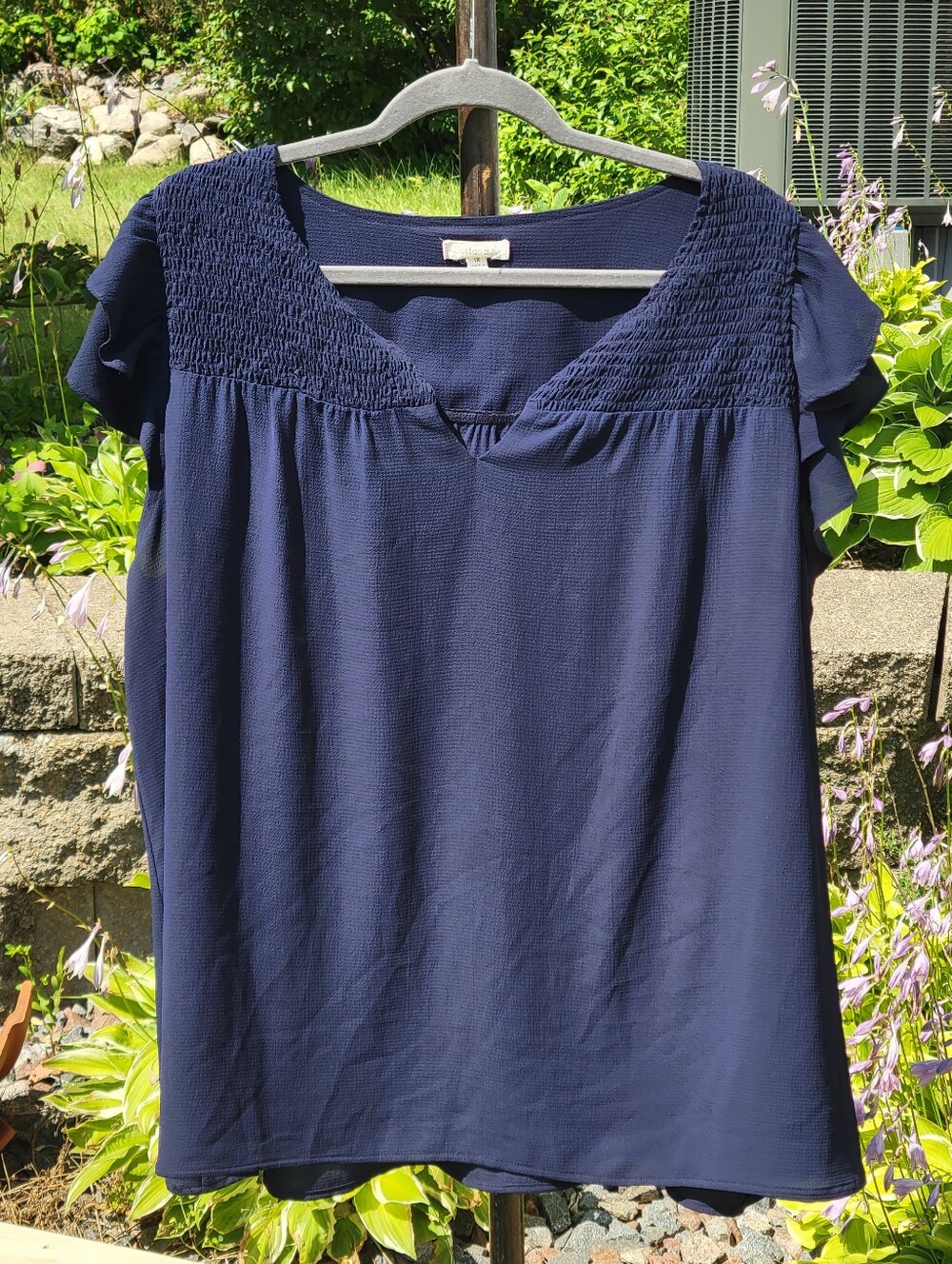 Navy Smocked Yoke V-Neck Blouse Size 1X